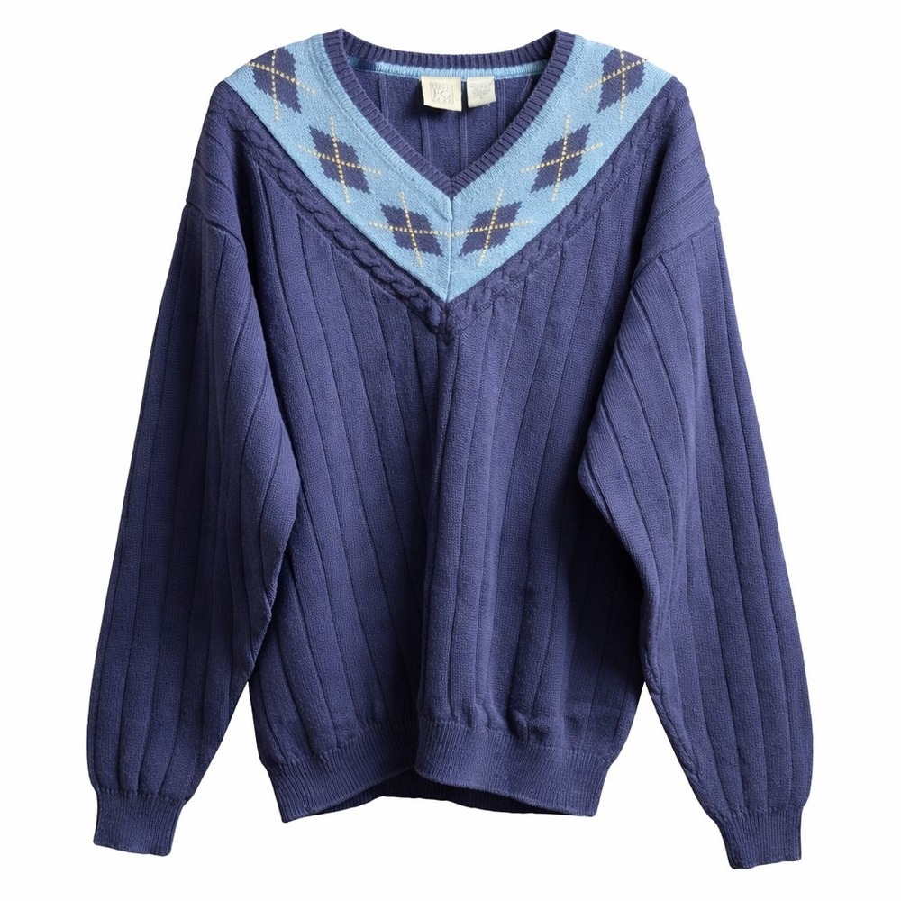 FIELD GEAR Argyle Trim Cable Knit Sweater Sz L Blue Nordic Classic Preppy V-Neck